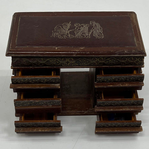 Vintage Wood Desk Jewelry Box Arc de Triomphe Style Greco-Roman Tooled Leather