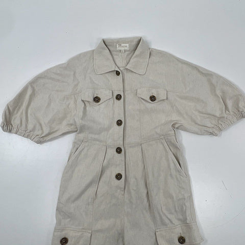 Divine Heritage Women's Beige Linen Blend Cargo Puff Sleeve Jumpsuit Sz L