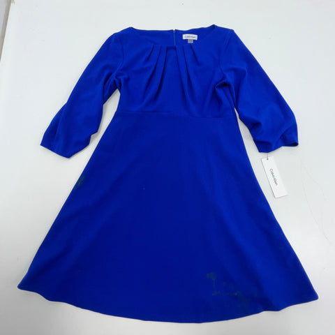 Calvin Klein NWT Blue Pleated Neck A-Line 3/4 Sleeve Dress Women's 8