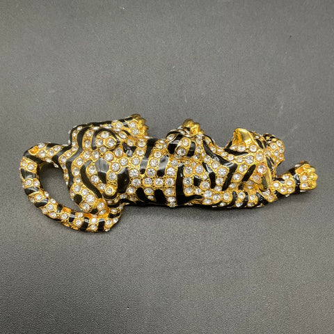 Vintage Retro Large Crawling Tiger Brooch Gold Tone Black Enamel Marked B