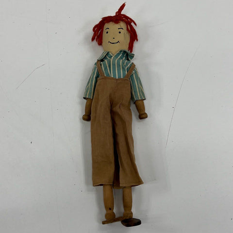 Vintage Wood Folk Art Doll Boy Figure Red Hair Overalls 12" Hand Painted