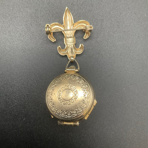 Vintage Coro Signed Fleur de Lis Rhinestone Triple Photo Locket Brooch Pin