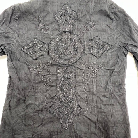 Affliction Black Premium Embroidered Cross Y2K Grunge Button Down Shirt Sz S