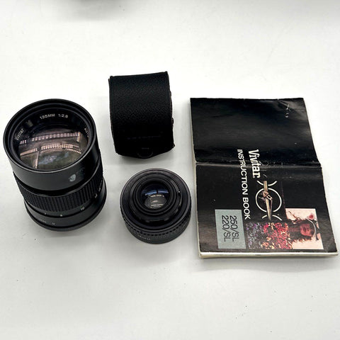 Vintage Vivitar 220/SL 35mm SLR Film Camera Lot With 50mm & 135mm Lenses Bag