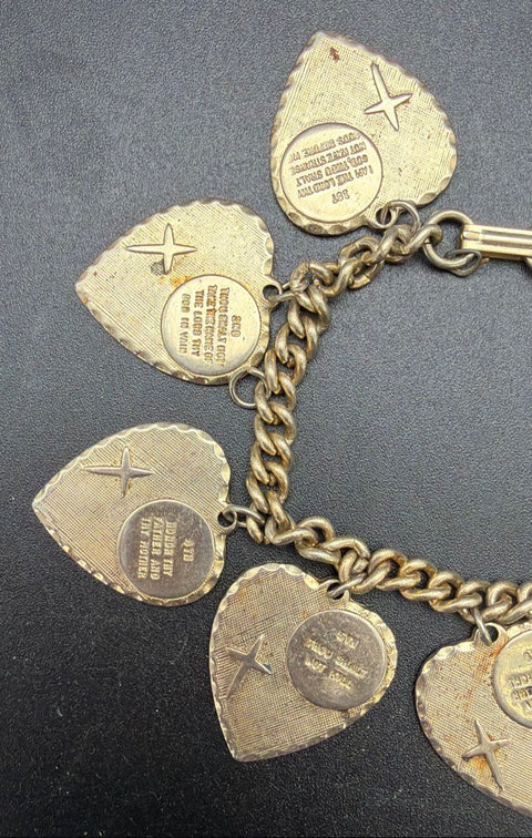 Vintage Gold Tone Ten Commandments Heart Charm Bracelet Religious 7"