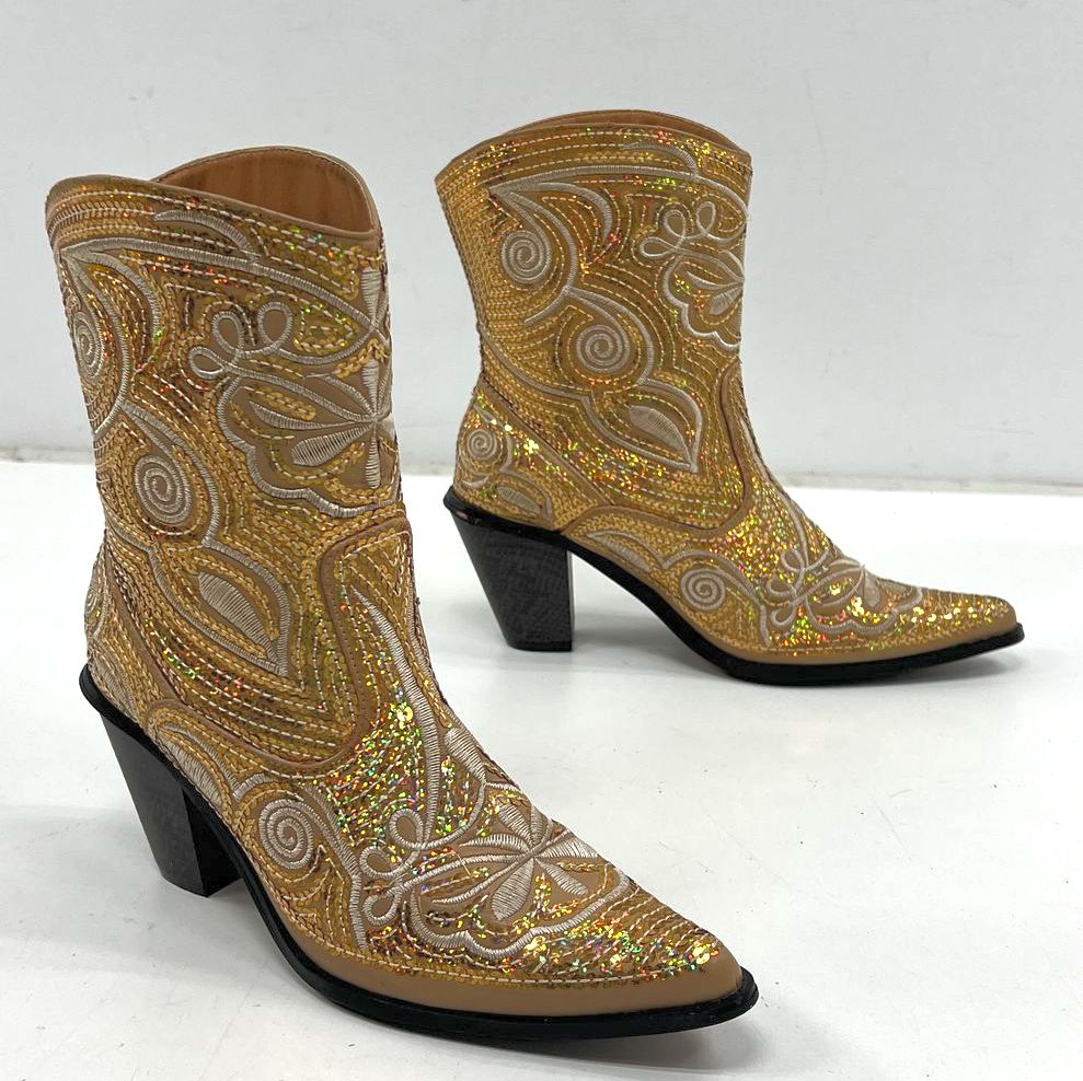 Helen & Heart Gold Tan Sequin Embroidered Western Cowboy Boots Women's Size 7