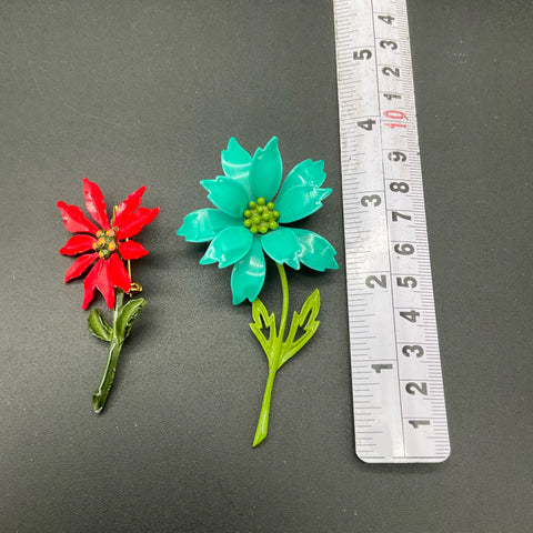 Vintage Mid-Century Enamel Flower Brooches Lot of 2 Red Poinsettia Teal Retro