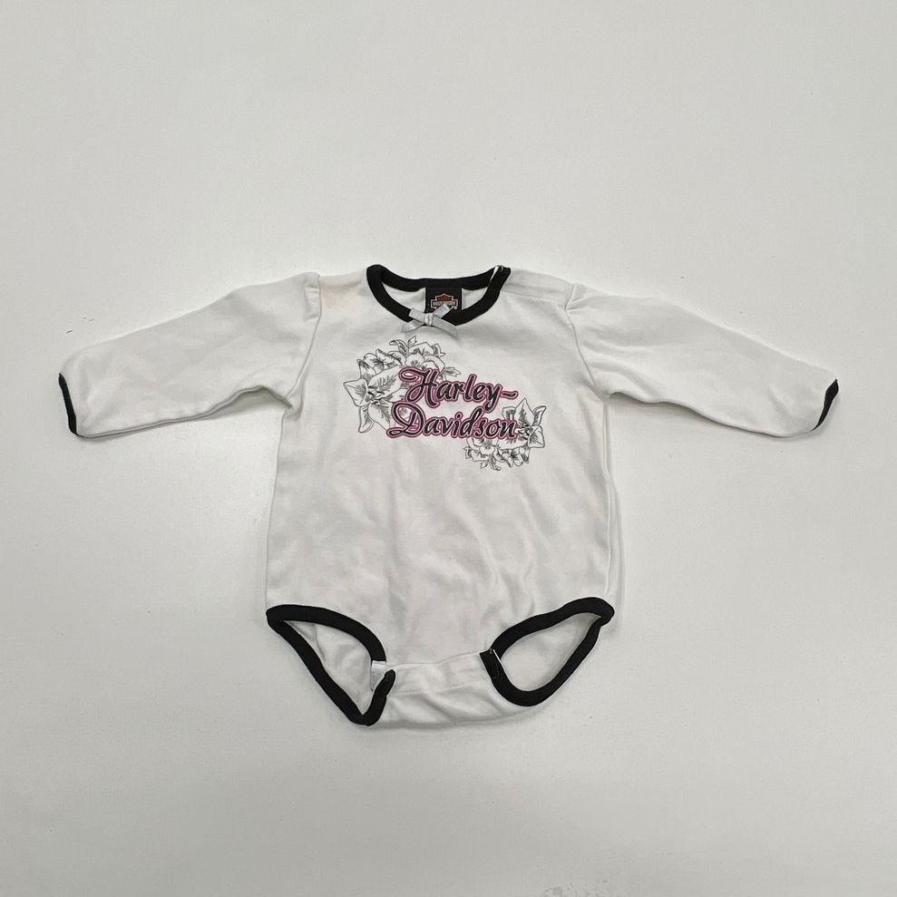 Harley Davidson White Floral Pink Front Logo Long Sleeve Onepiece Baby Girl 6/9M