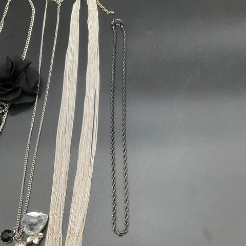 Fashion Costume Jewelry Lot of 8 Necklaces Silver Black Tone Flower Pearl Tassel