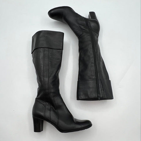 Talbots Black Leather Knee High Block Heel Side Zip Boots Size 6.5 B