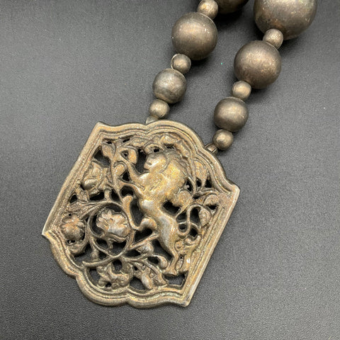 Vintage Lion Statement Necklace Made in India Silver Tone Openwork Pendant 30"