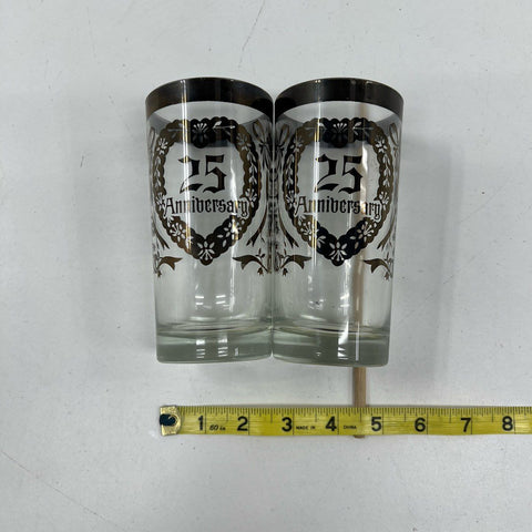 Vintage 25th Anniversary Glasses Set of 6 Silver Trim Tumblers With Wire Caddy