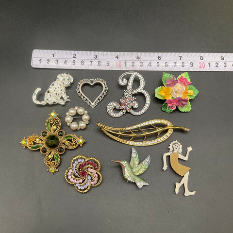 Vintage Costume Jewelry Brooch Lot of 10 Leopard Hummingbird Floral Rhinestone