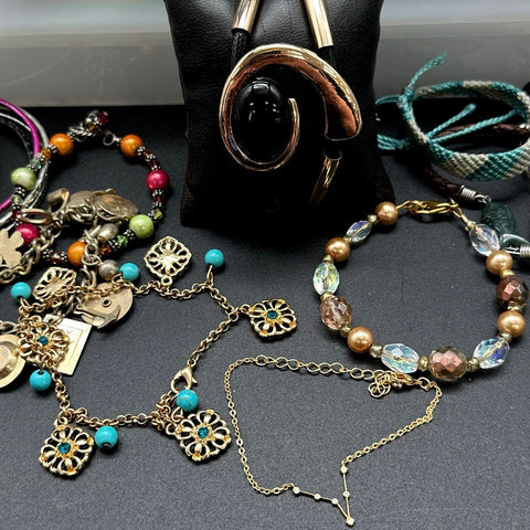 Boho Eclectic Fashion Jewelry Lot 40+ Bracelets Beaded Bangle Cuff Skull