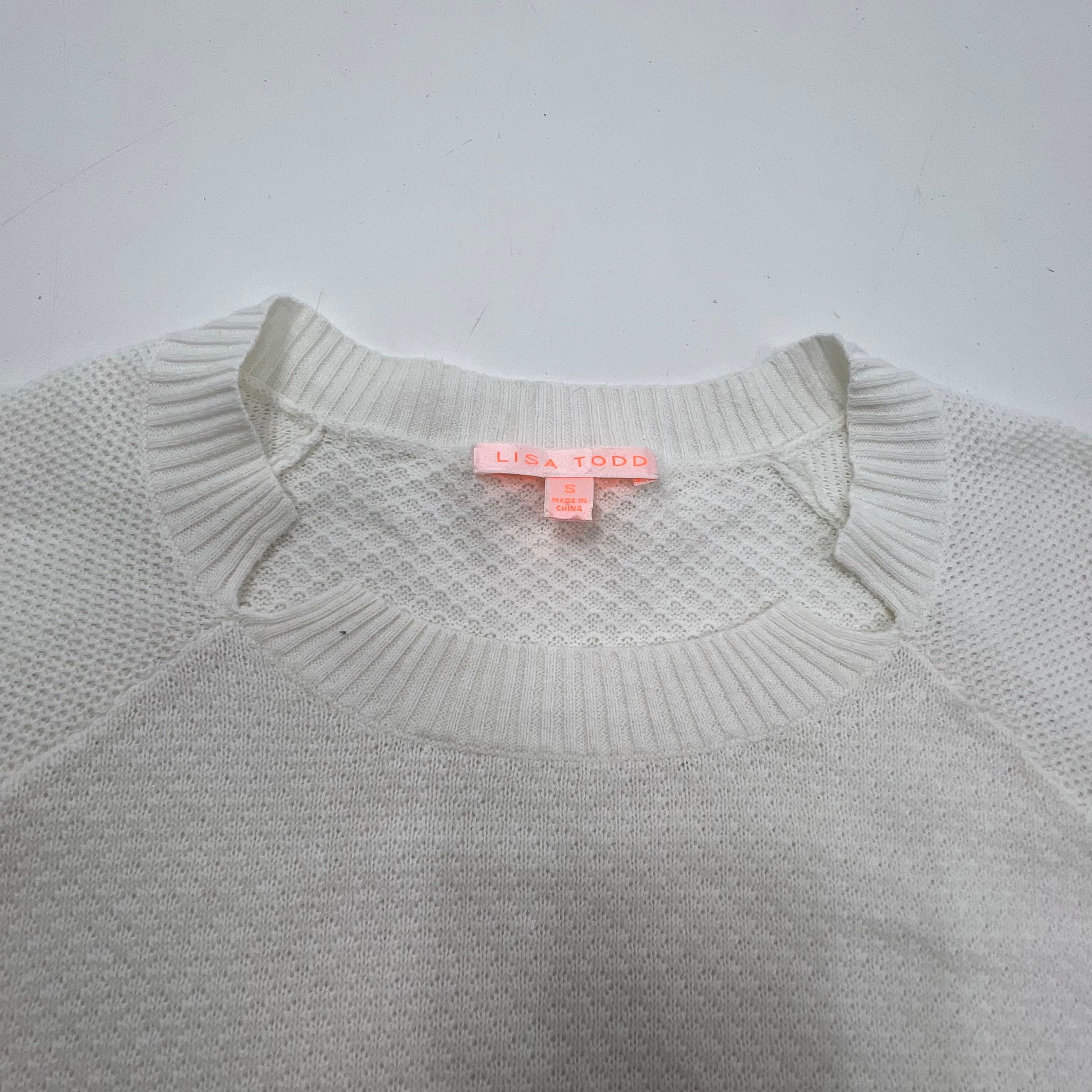 Lisa Todd White Tan Stripe Neon Waffle Knit Cotton Linen Sweater Womens S