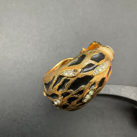 Vintage St. John Signed Gold Tone Black Enamel Animal Print Clip-On Earrings