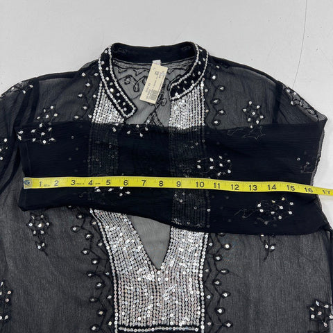 Pashi Chowdhury Women's Black Silk Kurti Sheer Sequined Dress India Sz L NWT