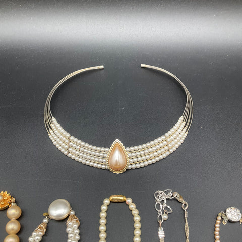 Vintage Faux Pearl Jewelry Lot of 9 Necklaces Choker Multi-Strand Classics