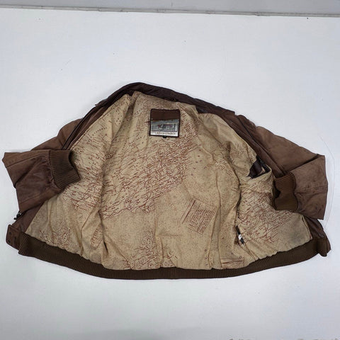 Vintage 80s Urban Cowboy Leather Bomber Flight Jacket Map Lining Distressed Sz L