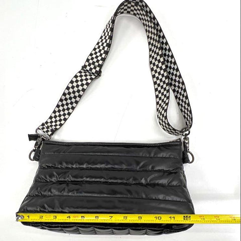 Think Royln Black Quilted Puffer Crossbody Bag Checkered Strap Gunmetal