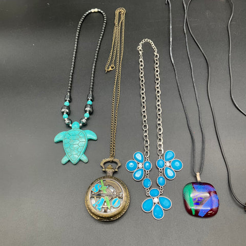 Fashion Jewelry Lot 9 Necklaces Glass Heart Turtle Pocket Watch Pendant Charm