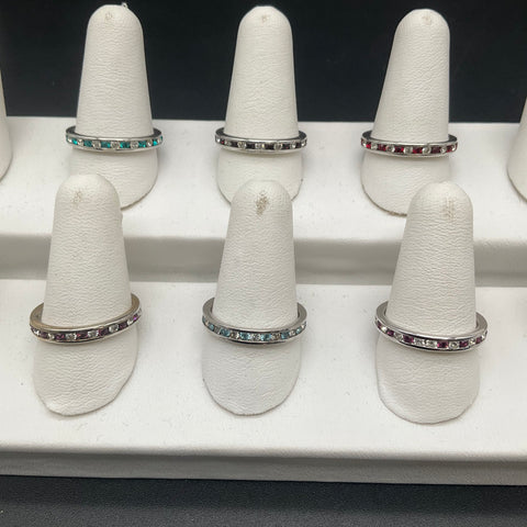 Rhinestone Stacking Band Costume Jewelry Lot of 6 Silver Tone Rings Size 8