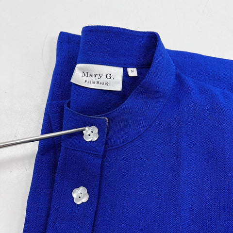 Mary G Palm Beach Women's Blue Mock Neck Flower Button Blouse Top Sz M