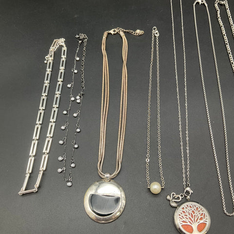 Silver Tone Fashion Jewelry Lot of 14 Necklaces Pendants Rhinestone Faux Pearl