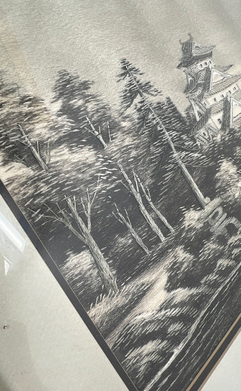 Vintage Mid-Century Japanese Castle Silk Thread Embroidered Framed Art Picture