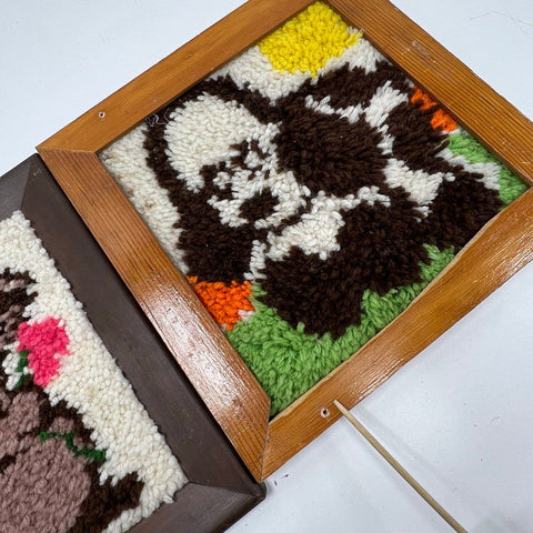 Vintage 70s Latch Hook Framed Wall Art Lot Raccoon & Panda Bear Folk Art