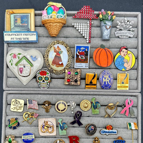 Vintage to Modern Mixed Costume Jewelry Lot 50+ Lapel Pins Brooches Enamel Flags