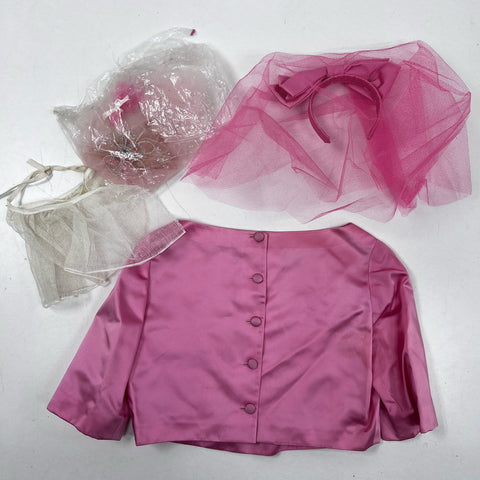 Vintage 60s T. & G. Bridal Women's Pink Satin Jacket & Headpiece Veils Set
