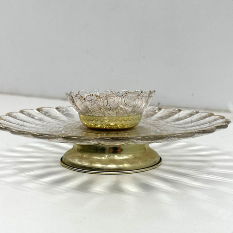 Mid-Century Atomic Glass Chip and Dip Set Gold Black Veined Scalloped 2 Piece