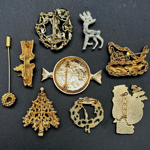 Vintage Christmas Brooch Pin Lot of 9 Rhinestone Enamel Liz Claiborne Gerry's