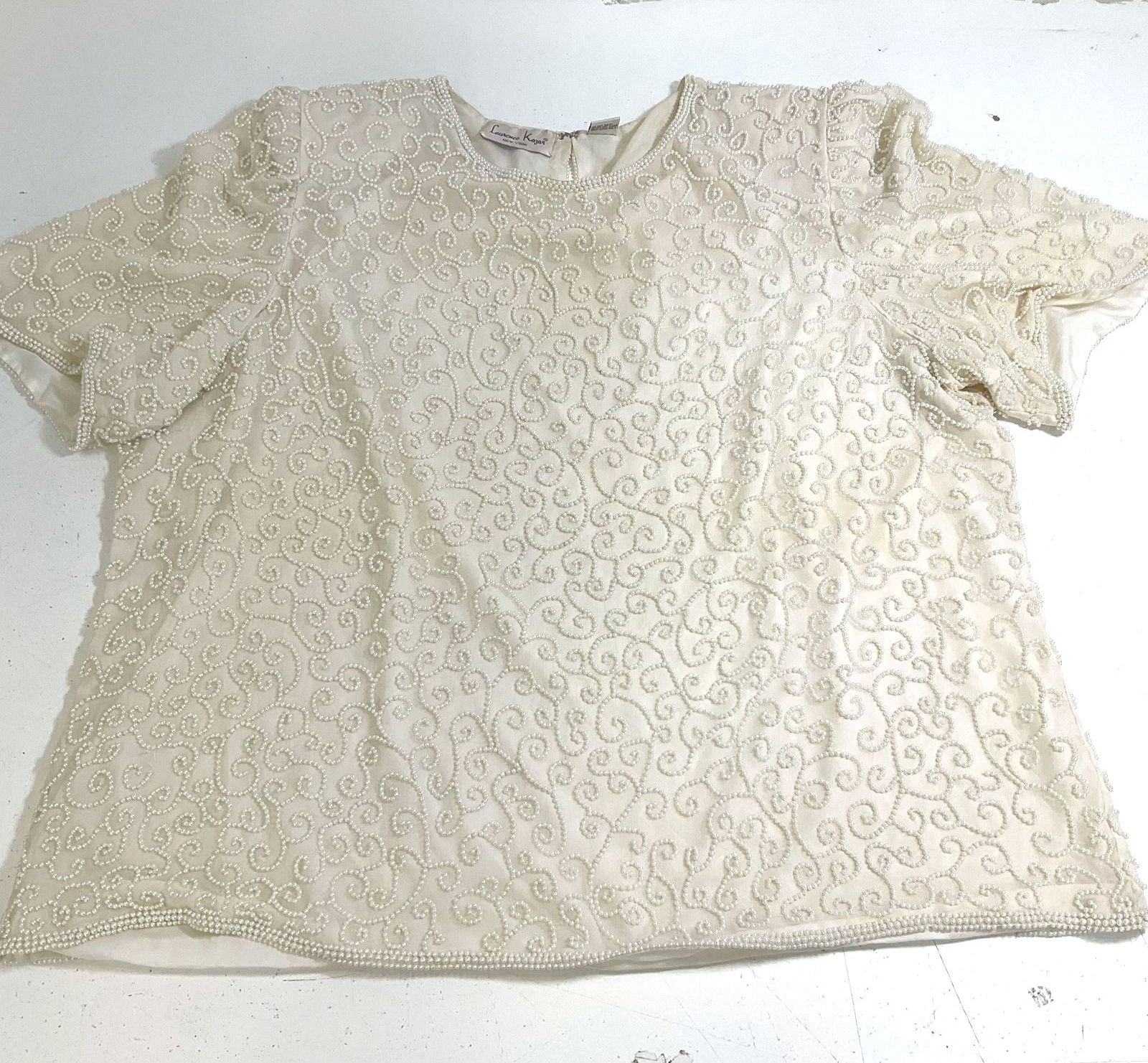 Vintage 90s Lawrence Kazar Silk Faux Pearl Beaded Formal Top Blouse Womens 3X