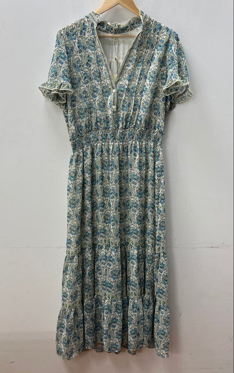 Max Studio Women's Blue Floral Tiered Smocked V-Neck Maxi Dress Sz XL NWT