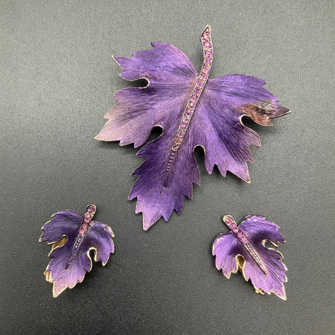 Vintage Purple Enamel Rhinestone Leaf Demi Parure Brooch Clip-on Earrings Set