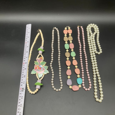 Vintage Costume Jewelry Lot 5 Necklaces Faux Pearl Pastel Floral Retro 80s 90s