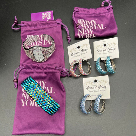 Jimmy Crystal NY Grand Glitz Jewelry Lot of 5 Watch Bracelet 3 Pairs Earrings