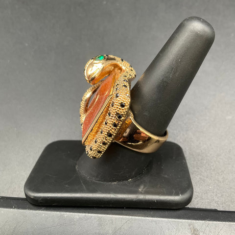 Gold Tone Snake Figural Cocktail Ring Size 9 Brown Glitter Stone Black Accents