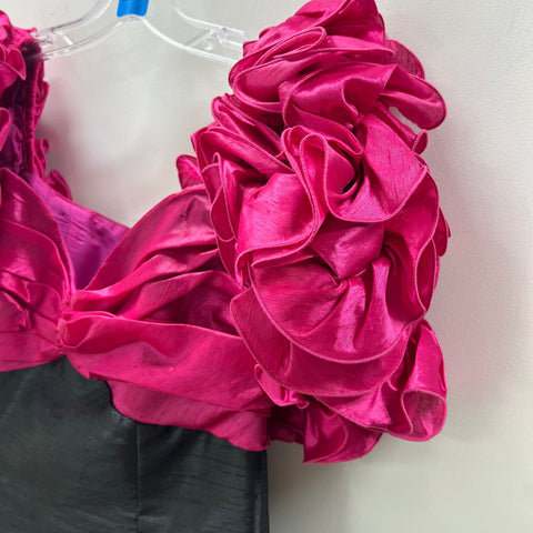 Vintage 80s Cattiva Ruffle Poof Sleeve Prom Party Dress Taffeta Pink Black Sz 10