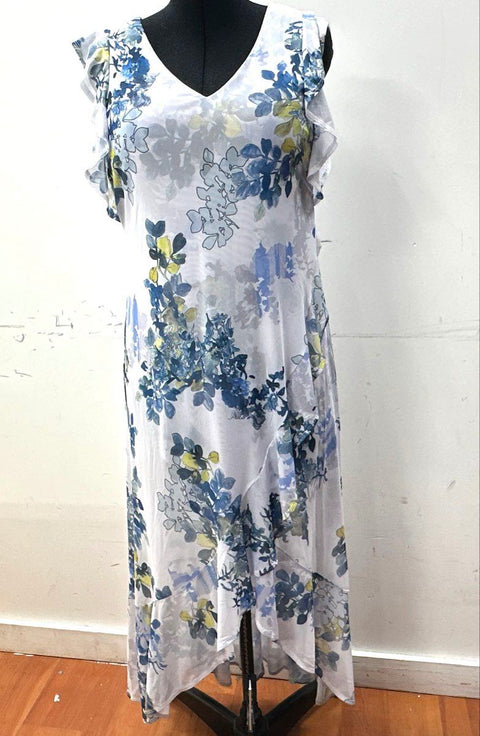Picadilly Women's Blue Floral Ruffle High-Low V-Neck Dress Denim Multi NWT Sz S