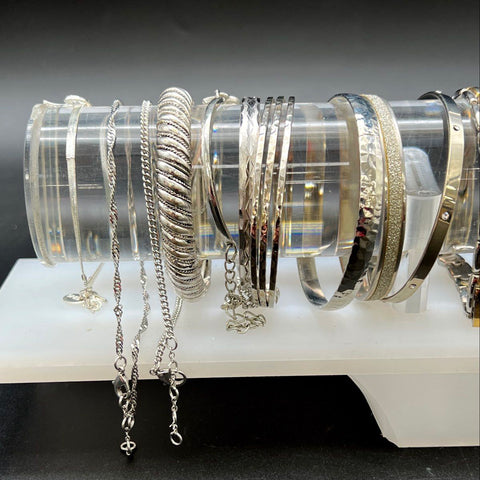 Silver Tone Fashion Jewelry Lot of 28 Bangles Charm Rhinestone Link Bracelets