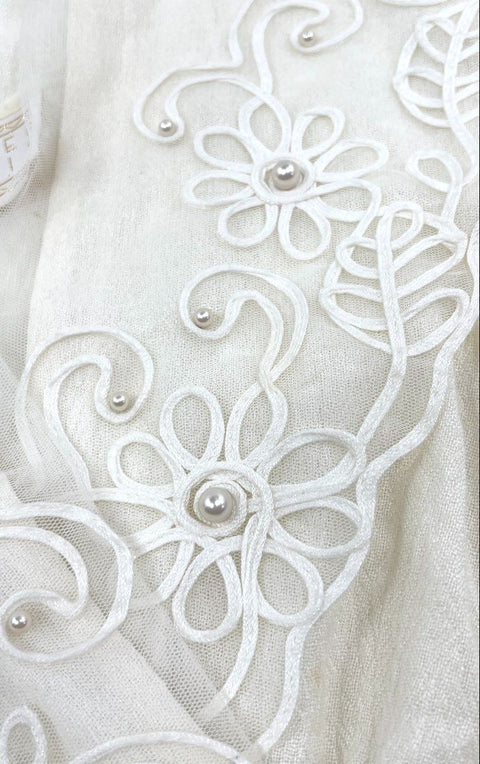 Spencer Alexis Women's Vintage 90s Ivory Rayon Lace Pearl Trim Maxi Dress Sz 12