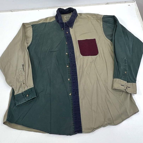 Vintage 90s Boston Prep Green Tan Colorblock Button Up Shirt Men's XL