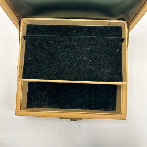 Vintage Mid-Century Medieval Scene Jewelry Box Two Tier with Key Faux Leather
