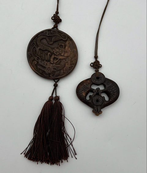Vintage Carved Chinese Koi Fish & Boy on Carp Pendant Necklaces Lot of 2