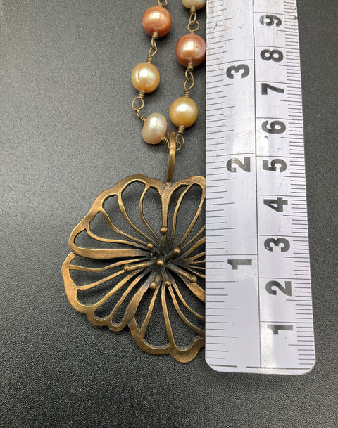 Extasia Bronze Tone Freshwater Pearl Large Flower Pendant Necklace 18" Signed