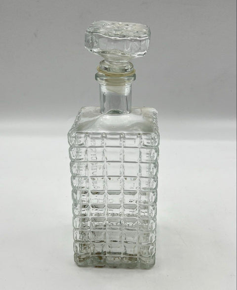 Vintage Pressed Glass Decanter Set 7 Piece Clear Block Diamond Point Barware