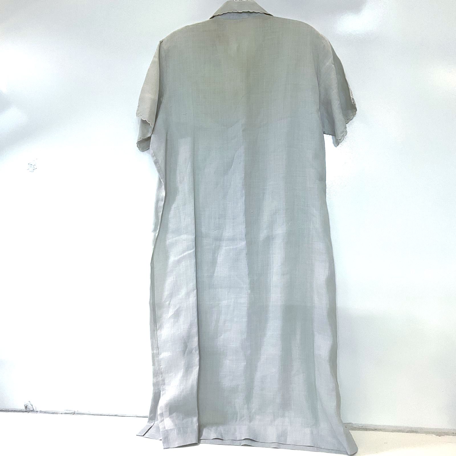 SYS Women's Pale Blue Gray Shirt Dress Hand Embroidered 100% Linen Sz 42 Vintage